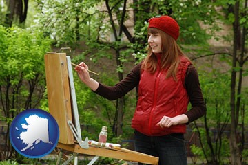 a female plein air artist painting with oils on a portable easel - with Alaska icon