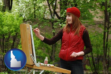 a female plein air artist painting with oils on a portable easel - with Idaho icon