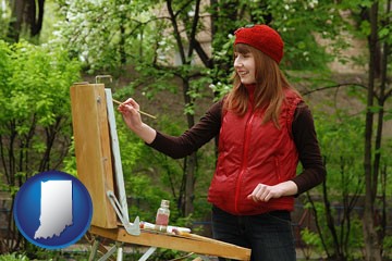 a female plein air artist painting with oils on a portable easel - with Indiana icon