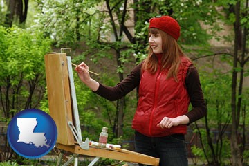 a female plein air artist painting with oils on a portable easel - with Louisiana icon