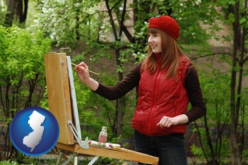 a female plein air artist painting with oils on a portable easel - with New Jersey icon