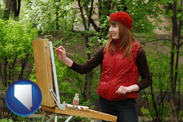 a female plein air artist painting with oils on a portable easel - with Nevada icon