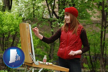 a female plein air artist painting with oils on a portable easel - with Rhode Island icon