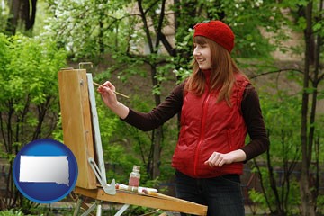 a female plein air artist painting with oils on a portable easel - with South Dakota icon