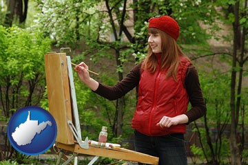 a female plein air artist painting with oils on a portable easel - with West Virginia icon